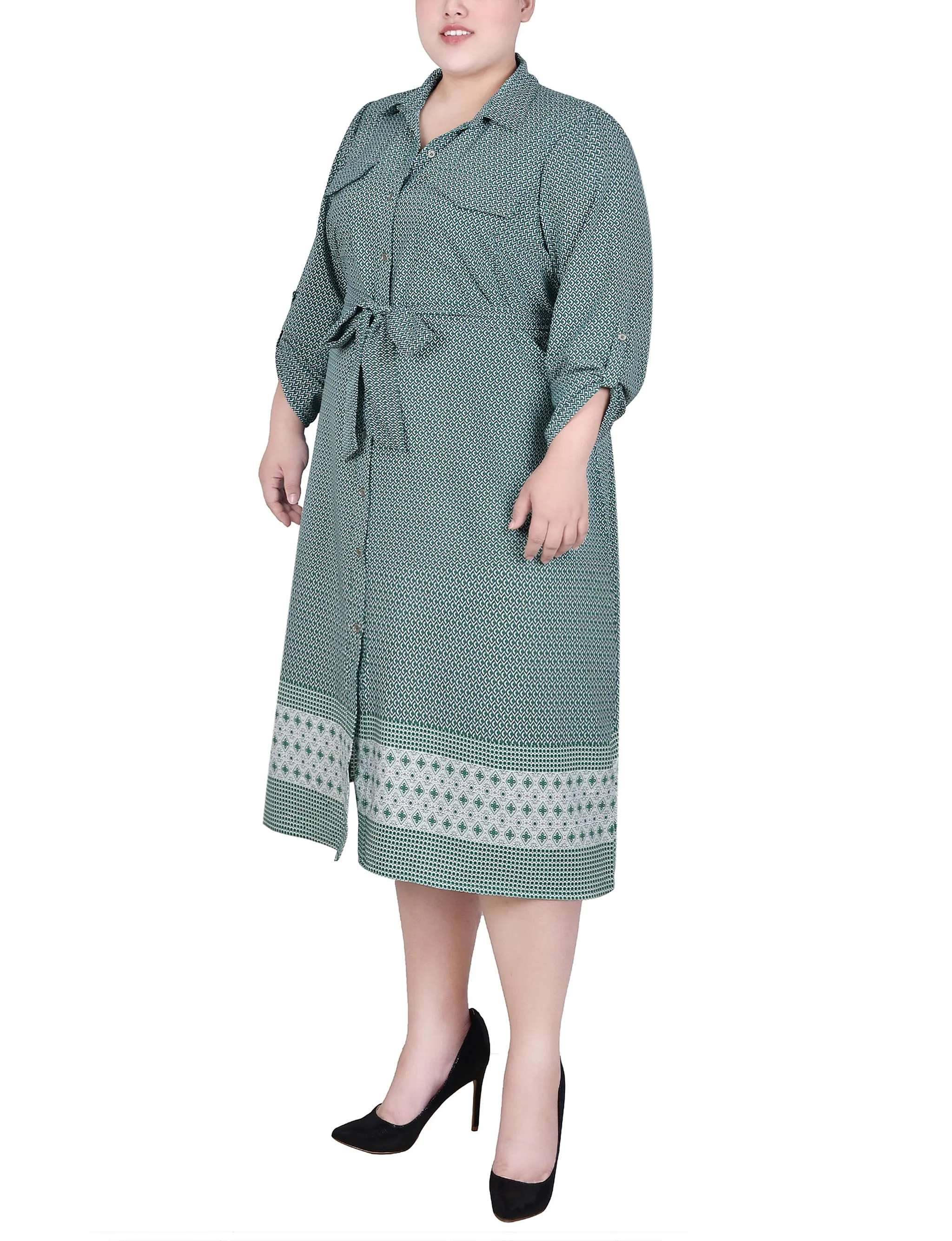 Plus Size 3/4 Roll Tab Sleeve Belted Shirtdress