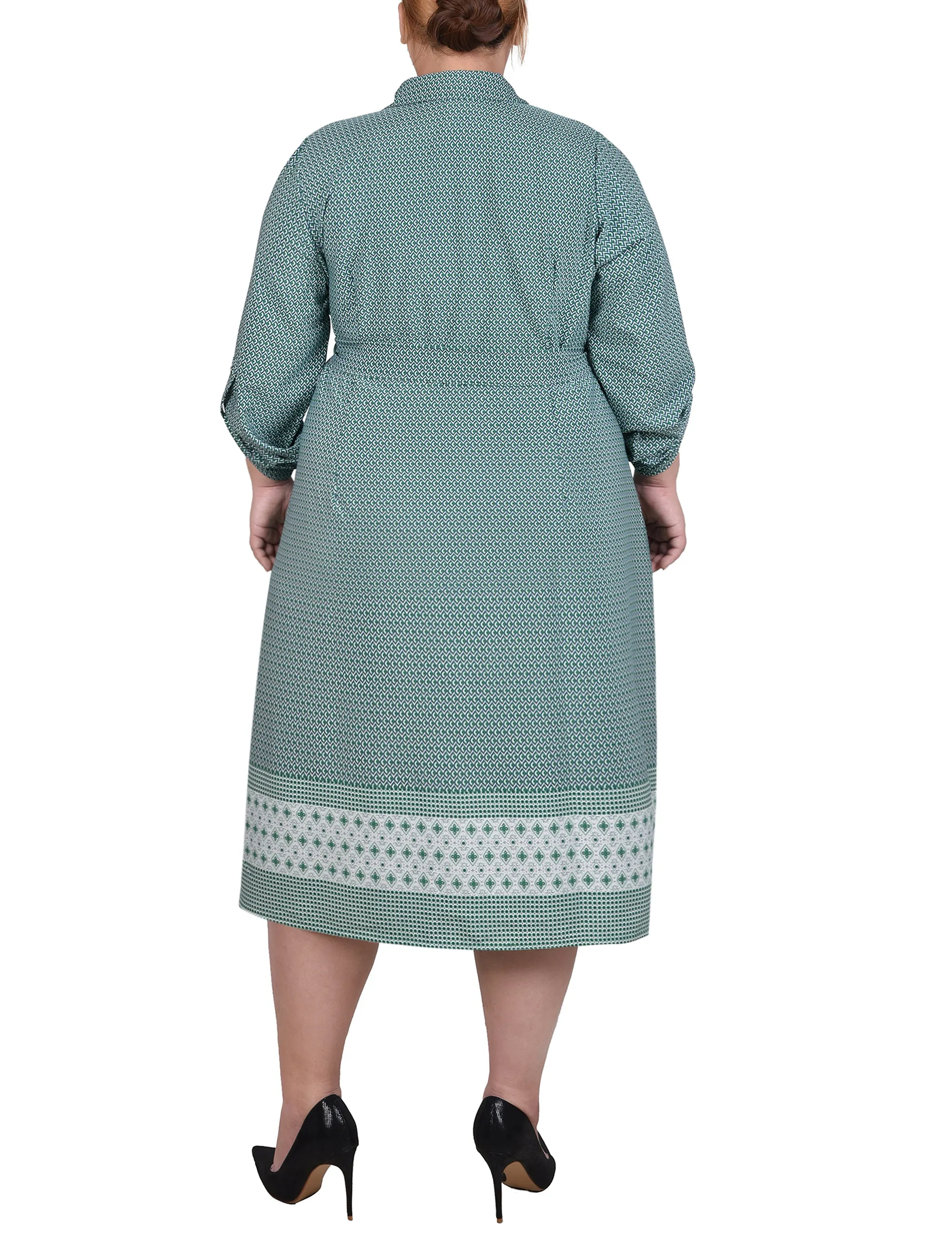 Plus Size 3/4 Roll Tab Sleeve Belted Shirtdress