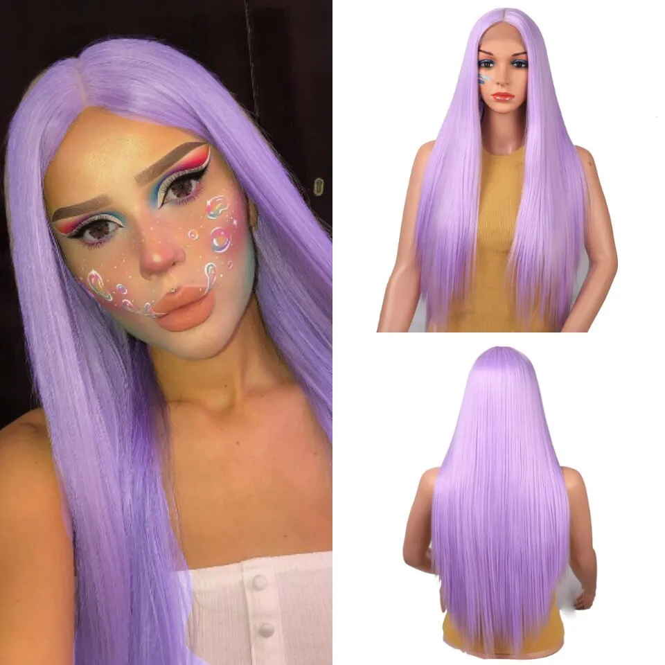 Synthetic Wigs Long Silk Straight Hair Wigs Silver Gray Wig for Women Middle Part Cosplay urple Red Brown Wig