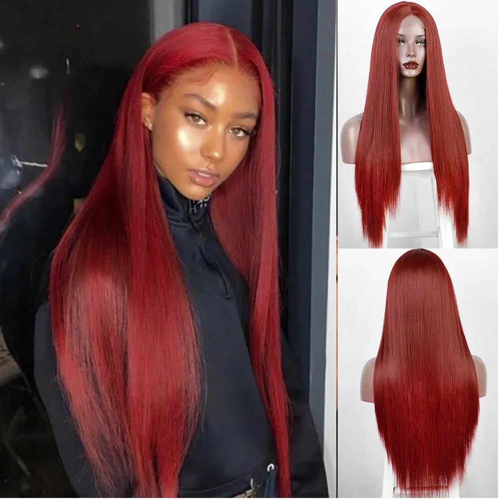 Synthetic Wigs Long Silk Straight Hair Wigs Silver Gray Wig for Women Middle Part Cosplay urple Red Brown Wig