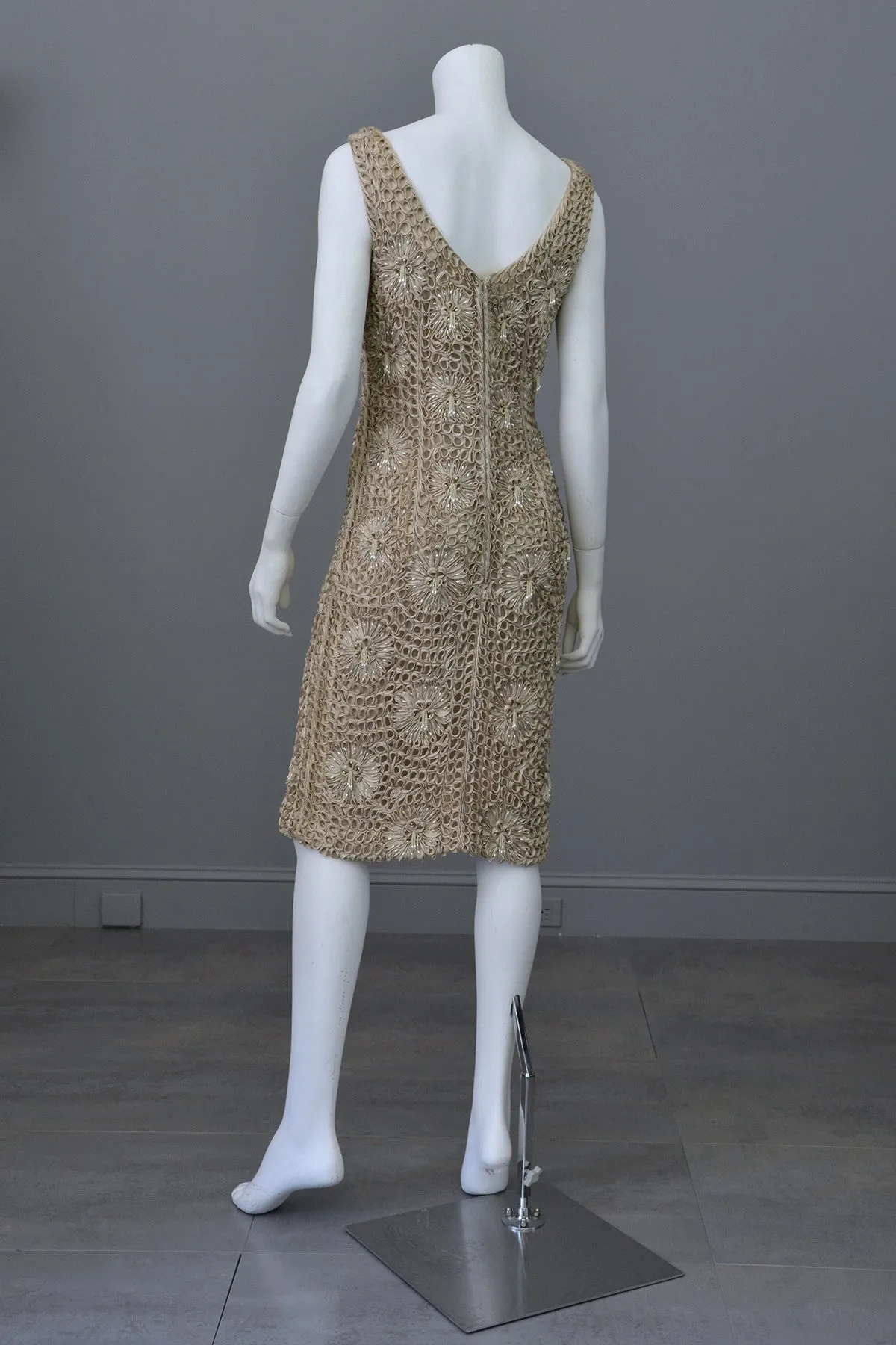 Taupe Ribbon Crochet Dress with Pearl Finge Drops, Vintage Wiggle Cocktail Dress