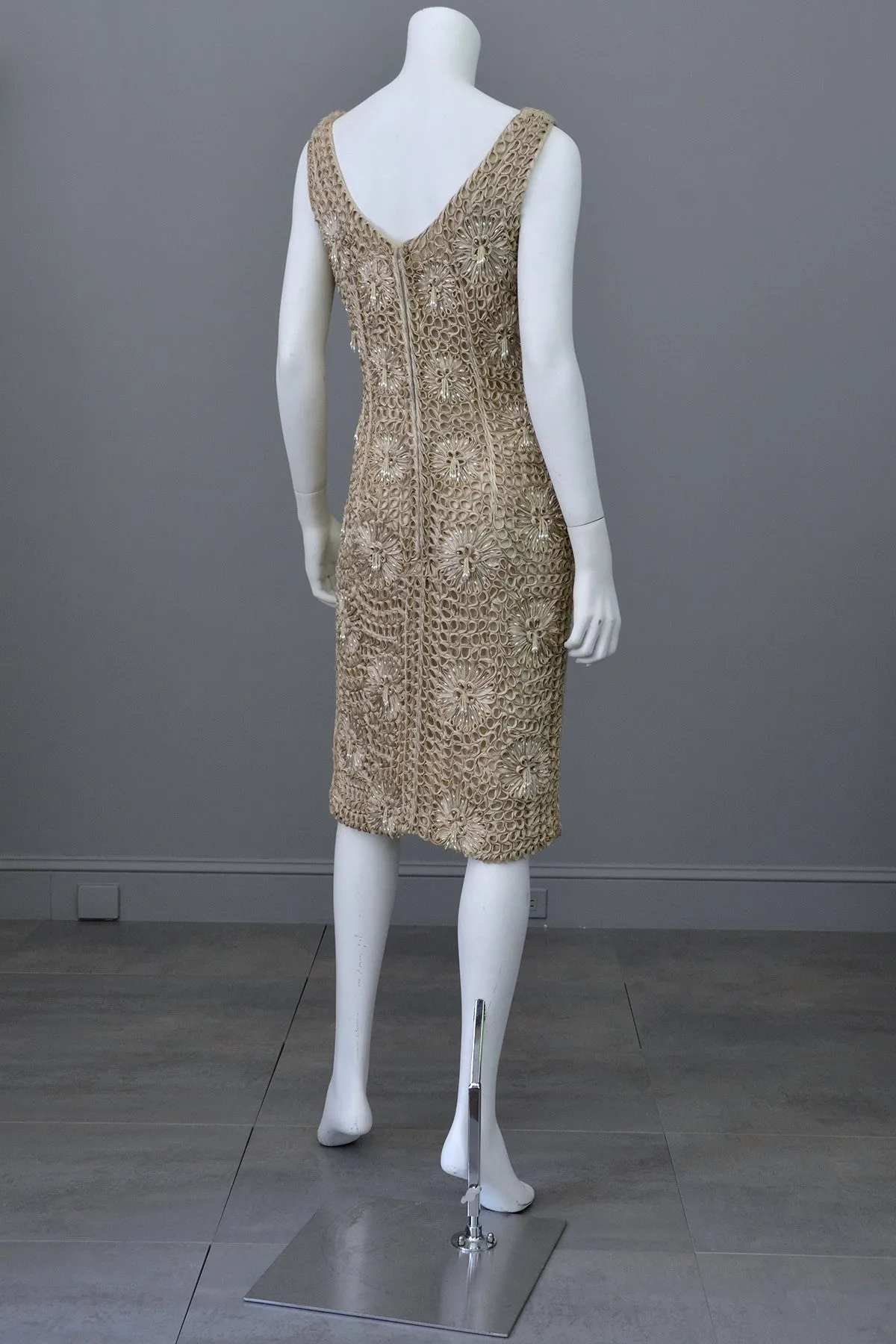 Taupe Ribbon Crochet Dress with Pearl Finge Drops, Vintage Wiggle Cocktail Dress