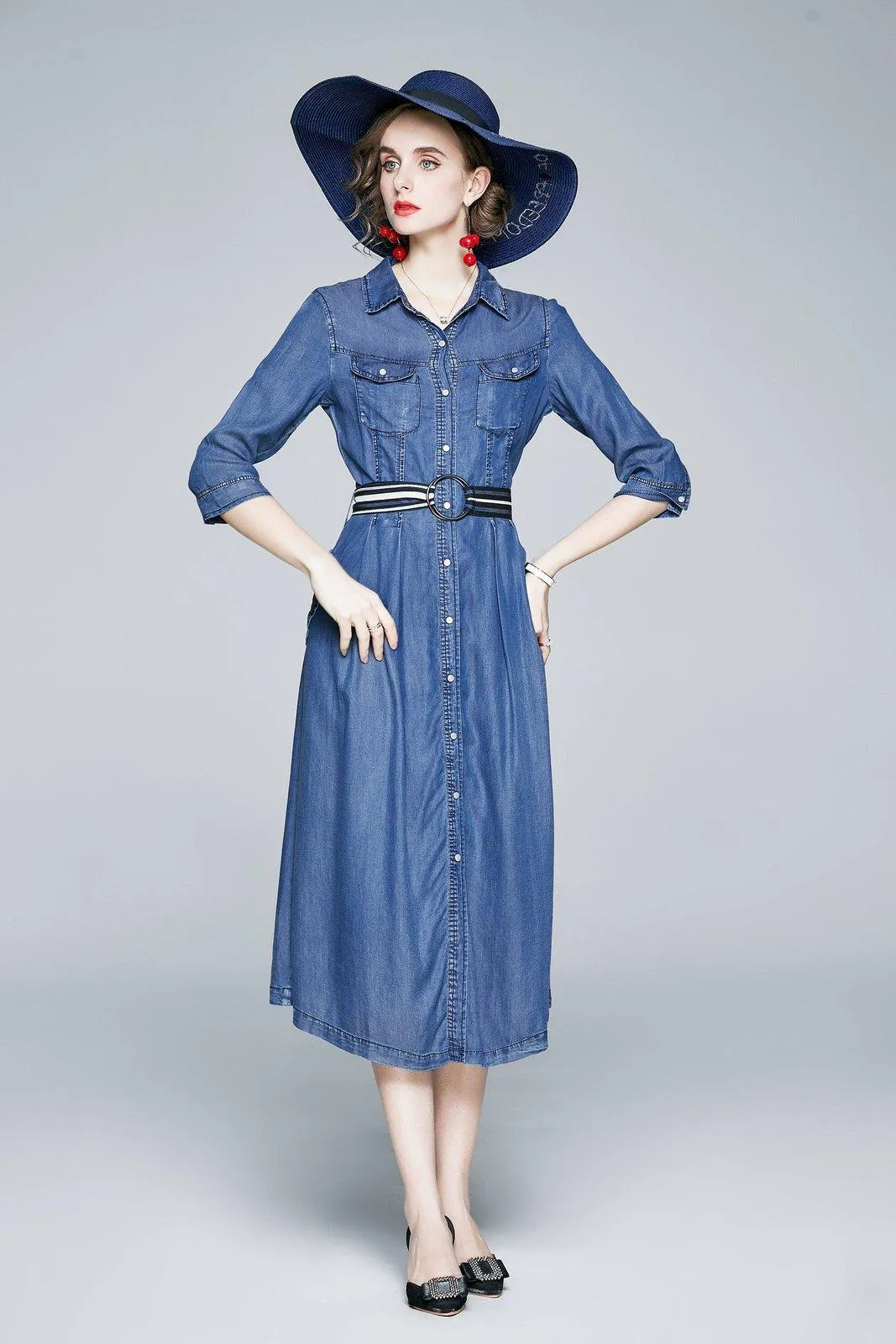 Three Quarter Sleeve Belted Blue Denim Midi Shirtdress