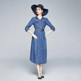 Three Quarter Sleeve Belted Blue Denim Midi Shirtdress