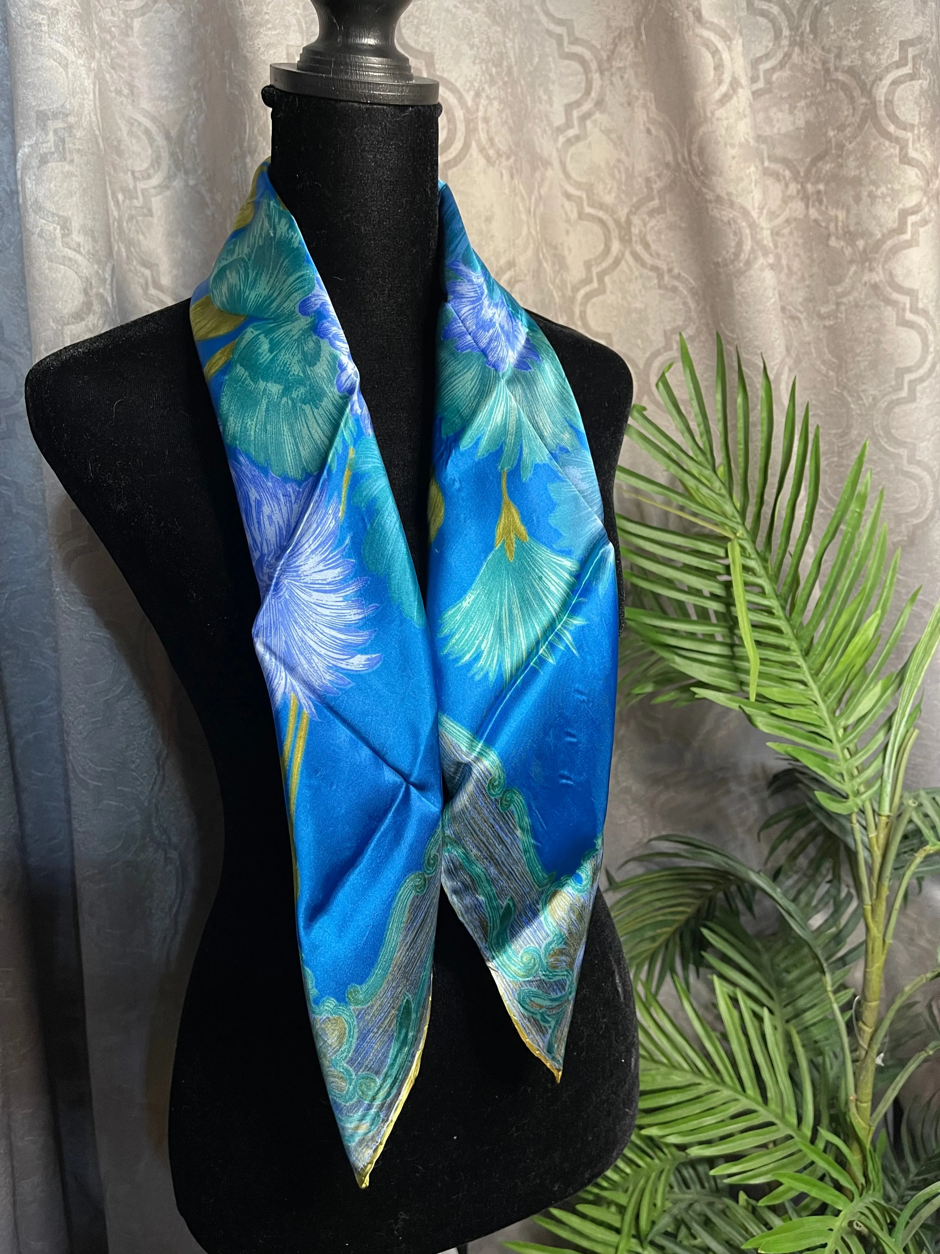 Vintage Silk Scarf, Square, Blue and Green, Floral