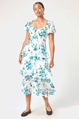 White Blue Floral 3 Tier Ruffle Midi Dress