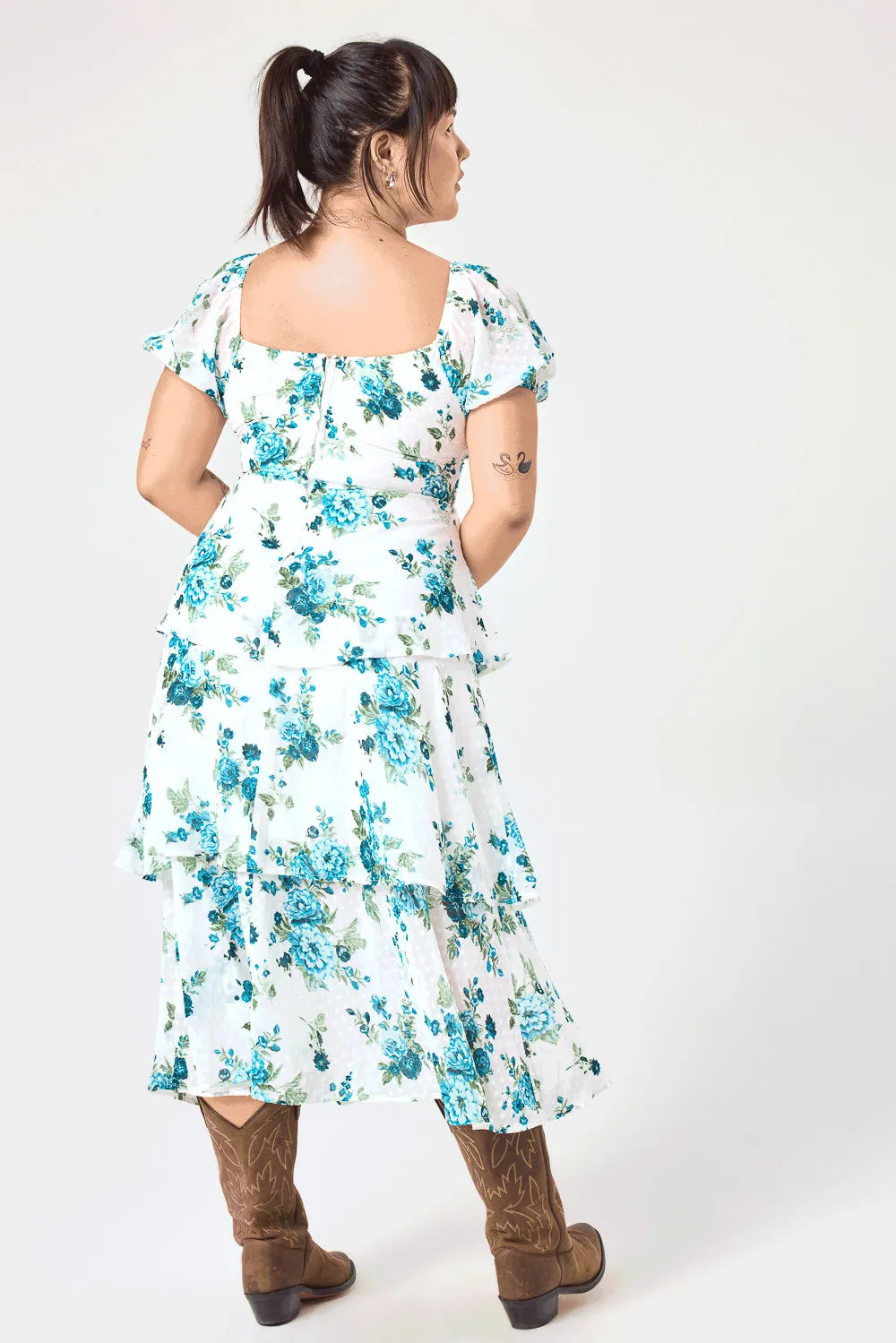 White Blue Floral 3 Tier Ruffle Midi Dress