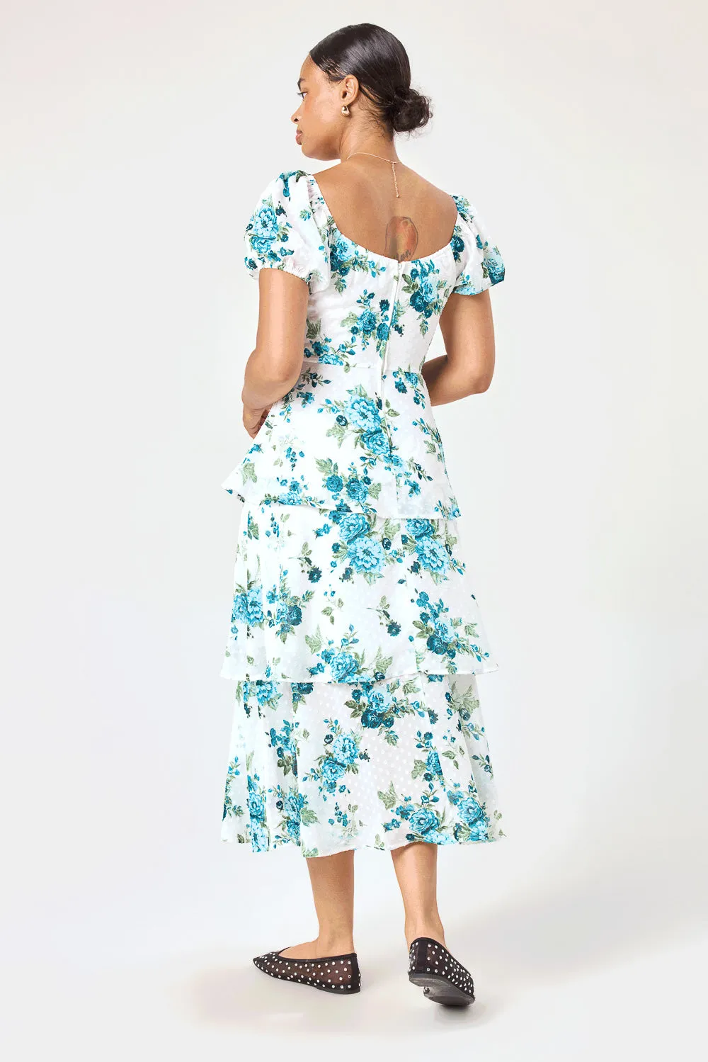 White Blue Floral 3 Tier Ruffle Midi Dress