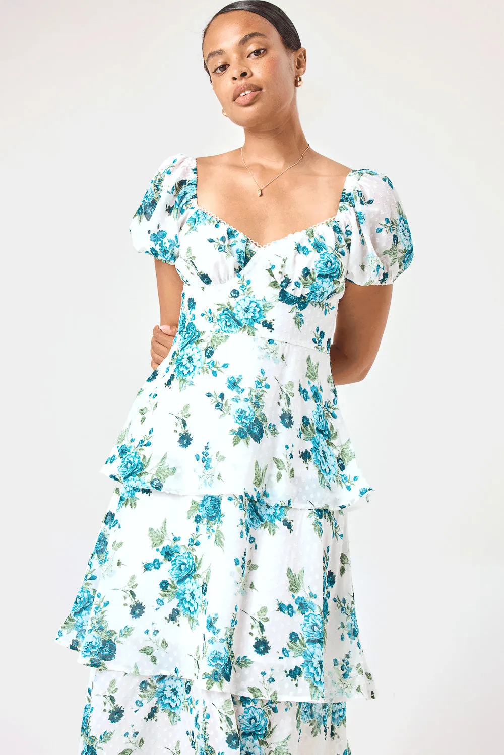 White Blue Floral 3 Tier Ruffle Midi Dress