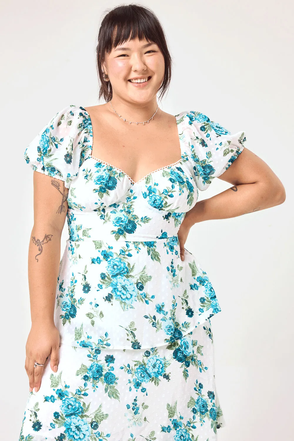 White Blue Floral 3 Tier Ruffle Midi Dress