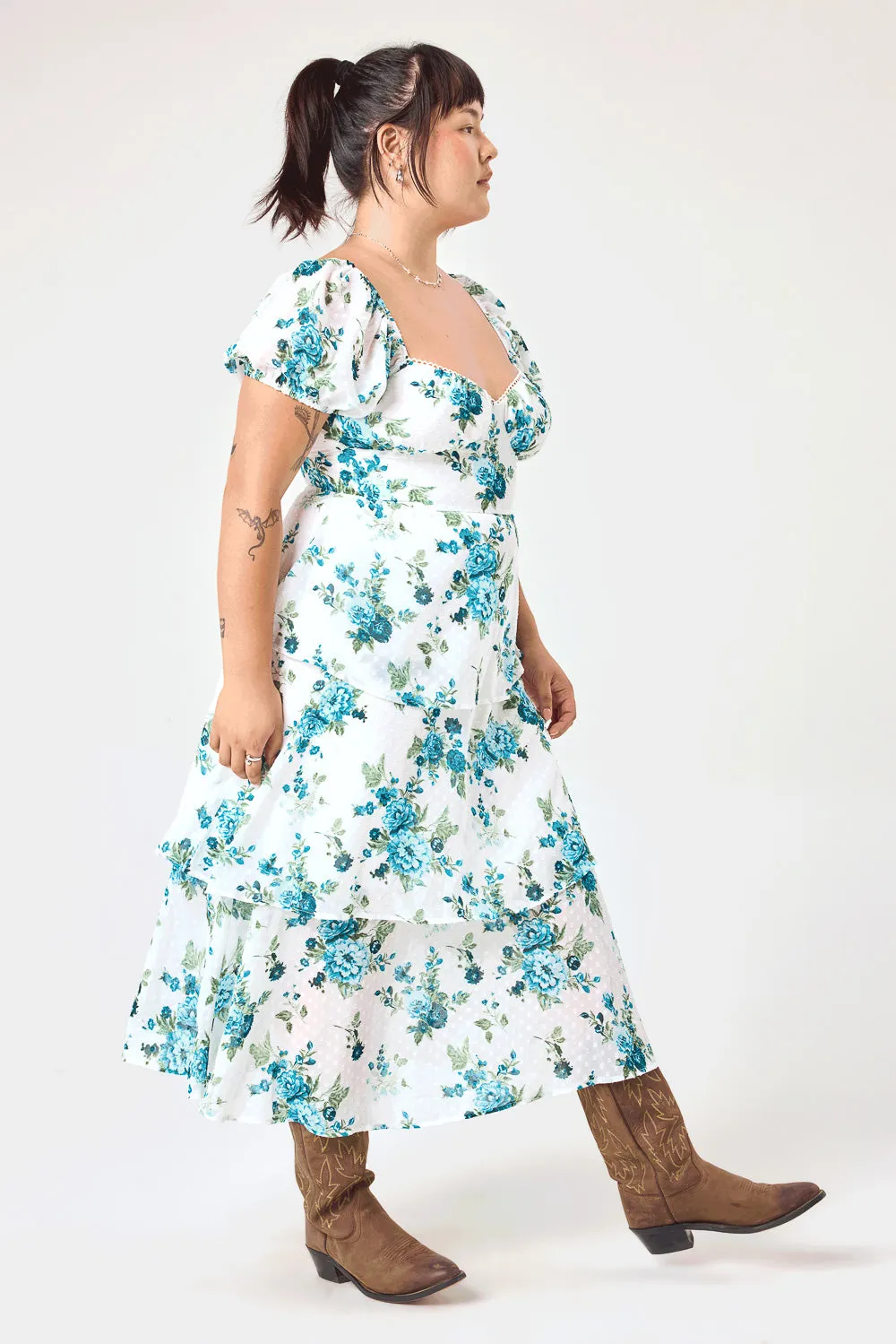 White Blue Floral 3 Tier Ruffle Midi Dress