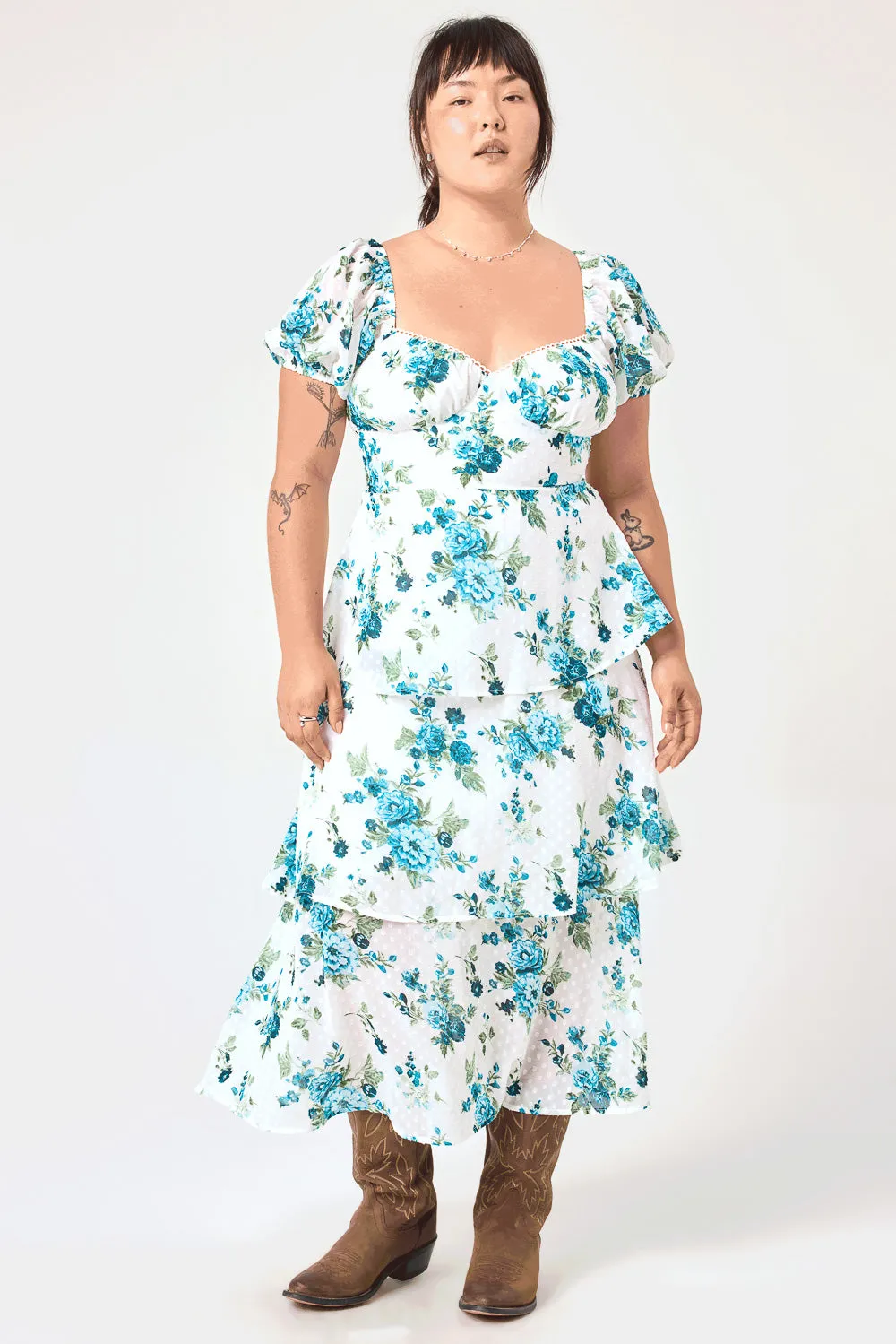 White Blue Floral 3 Tier Ruffle Midi Dress