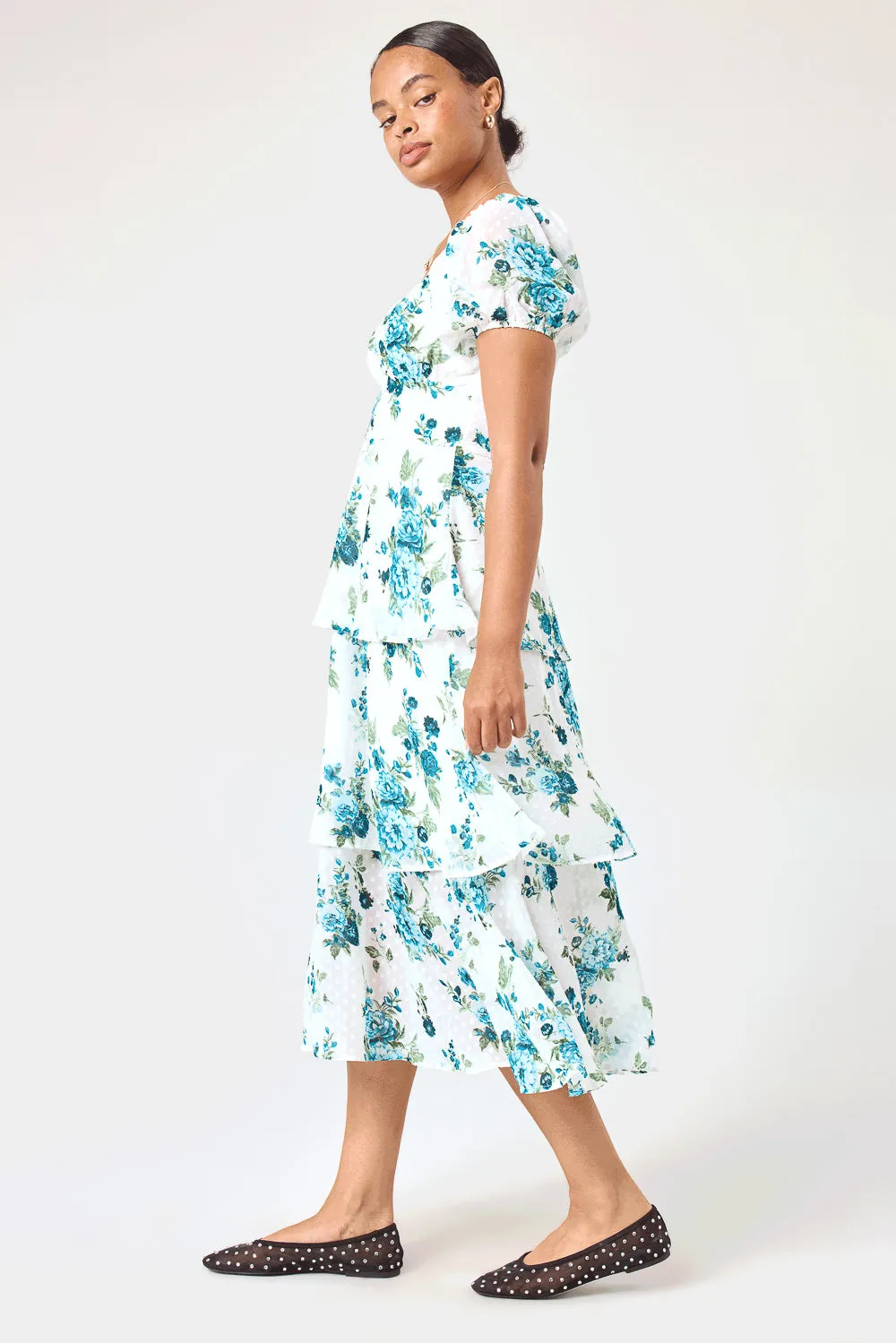 White Blue Floral 3 Tier Ruffle Midi Dress