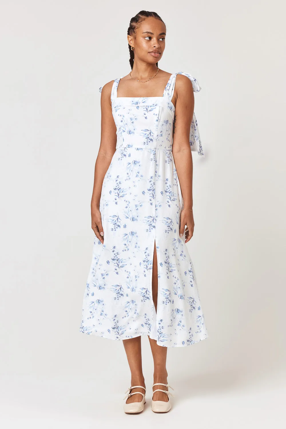 White Blue Floral Tie Shoulder Midi Dress