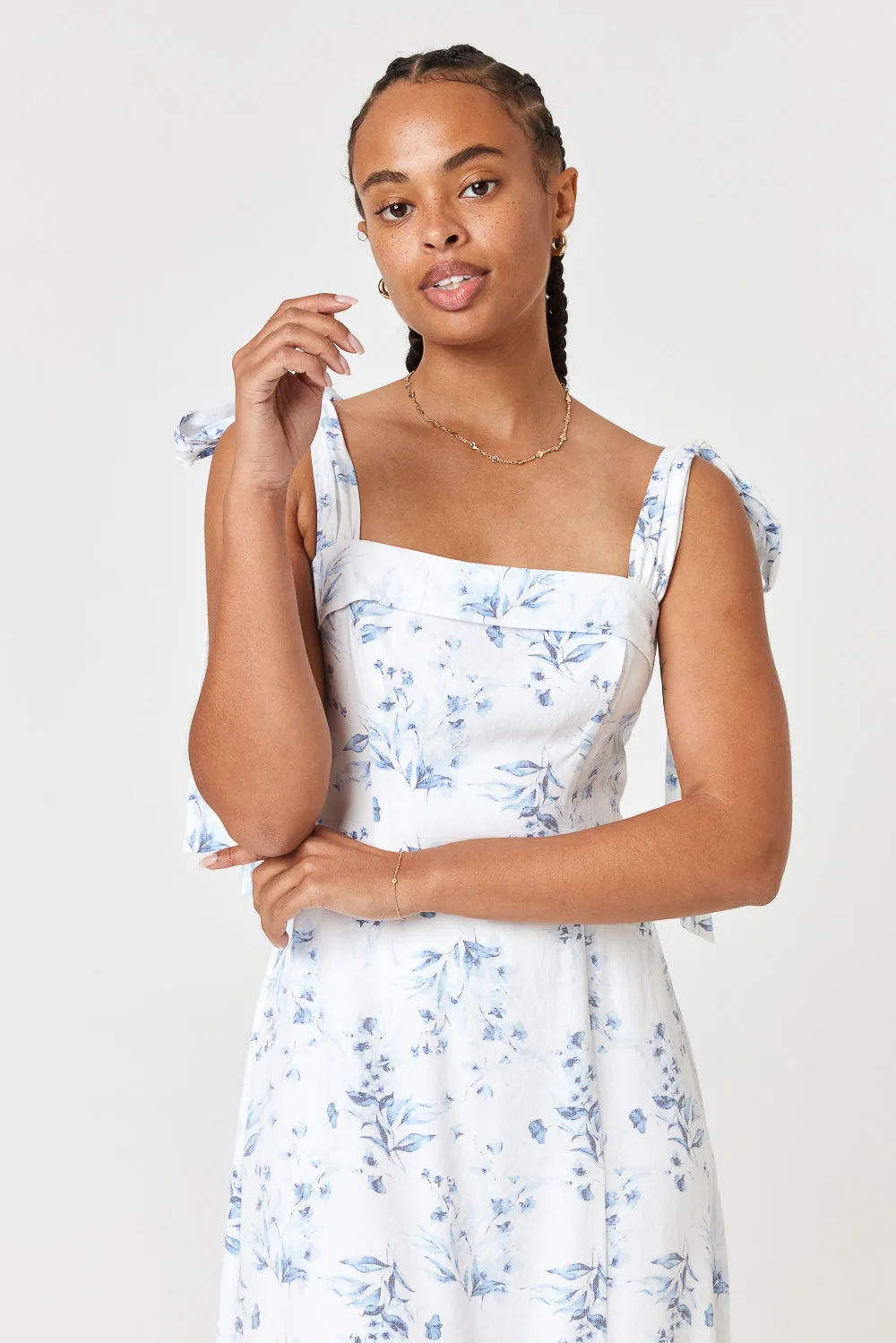 White Blue Floral Tie Shoulder Midi Dress