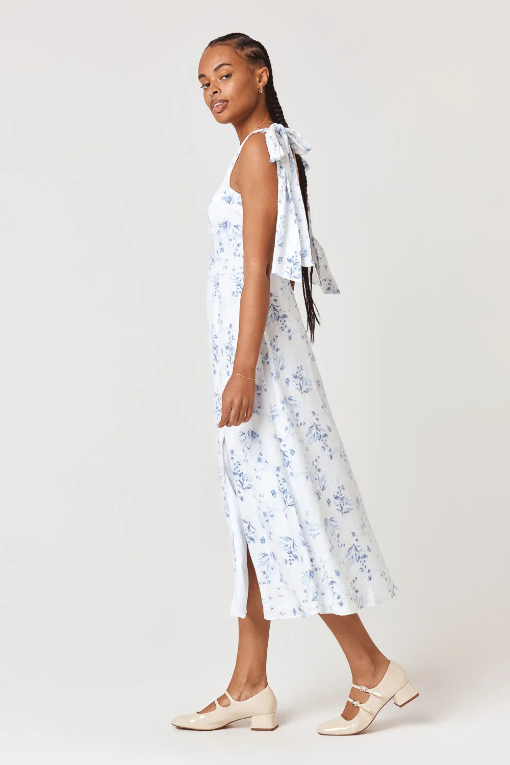 White Blue Floral Tie Shoulder Midi Dress