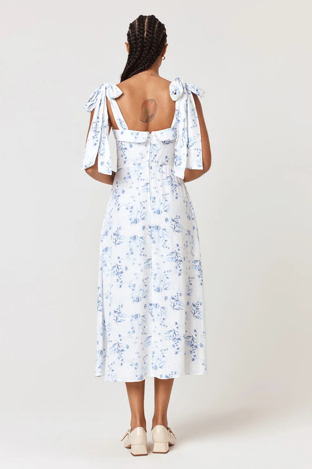 White Blue Floral Tie Shoulder Midi Dress