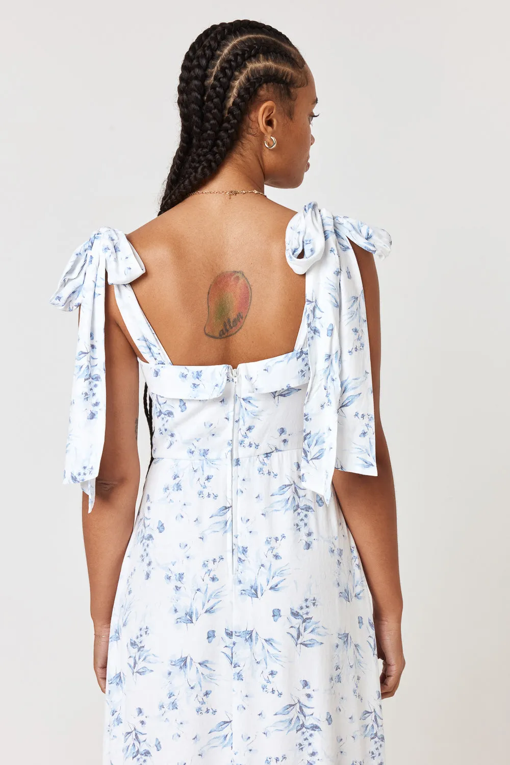 White Blue Floral Tie Shoulder Midi Dress