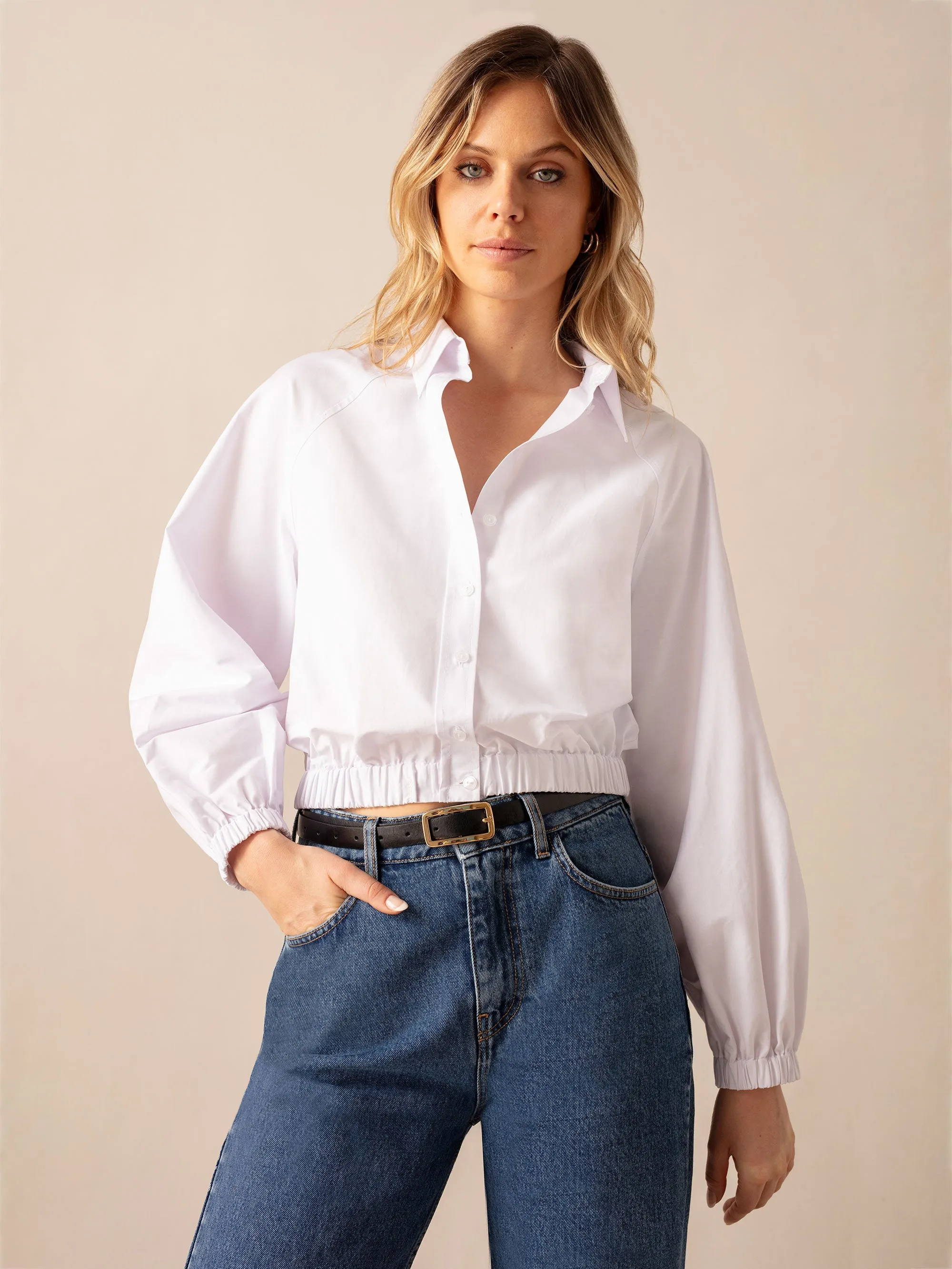 Womens White Cropped Shirt with Elastic Hem - Cotton Fabric