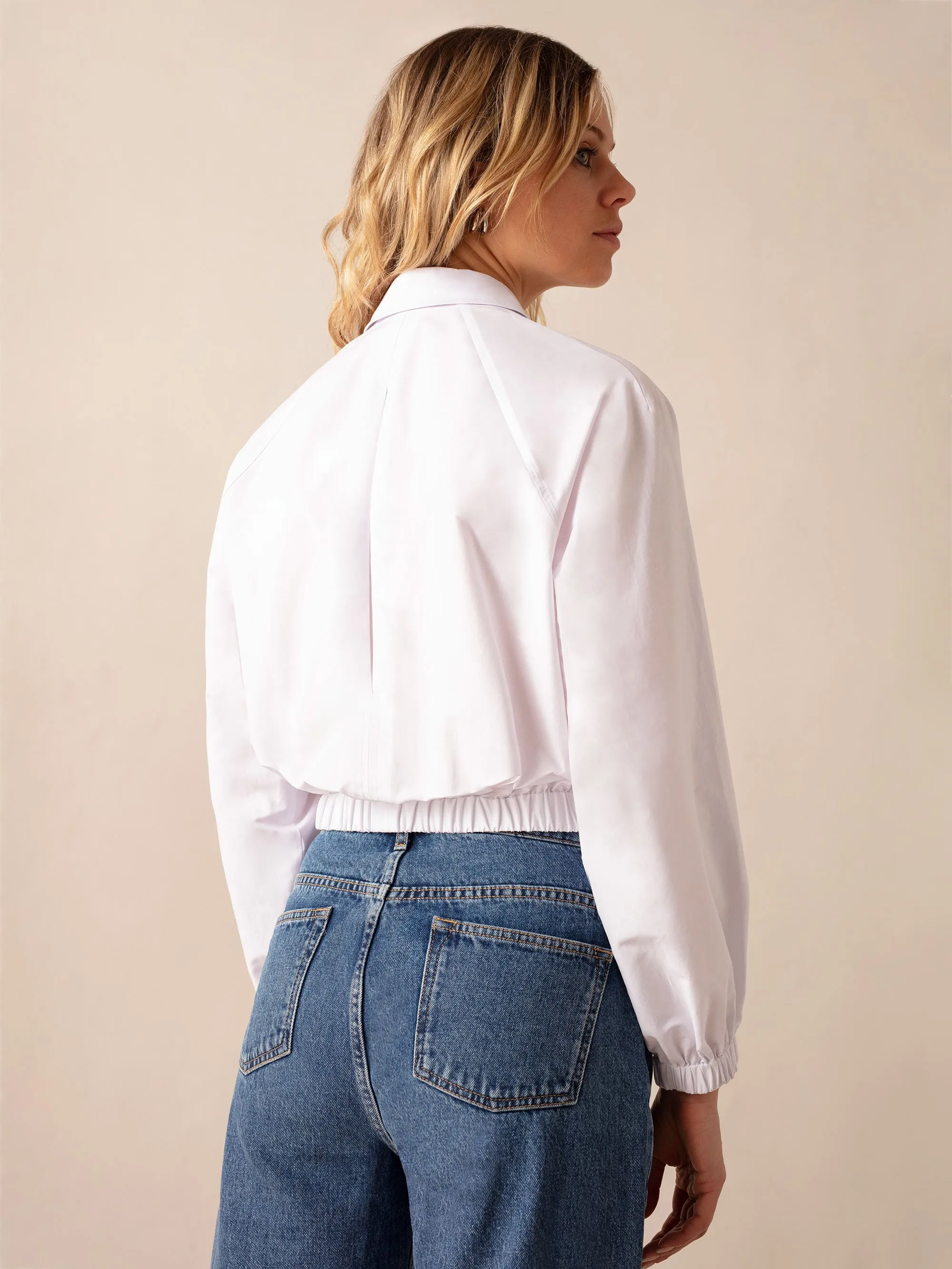 Womens White Cropped Shirt with Elastic Hem - Cotton Fabric