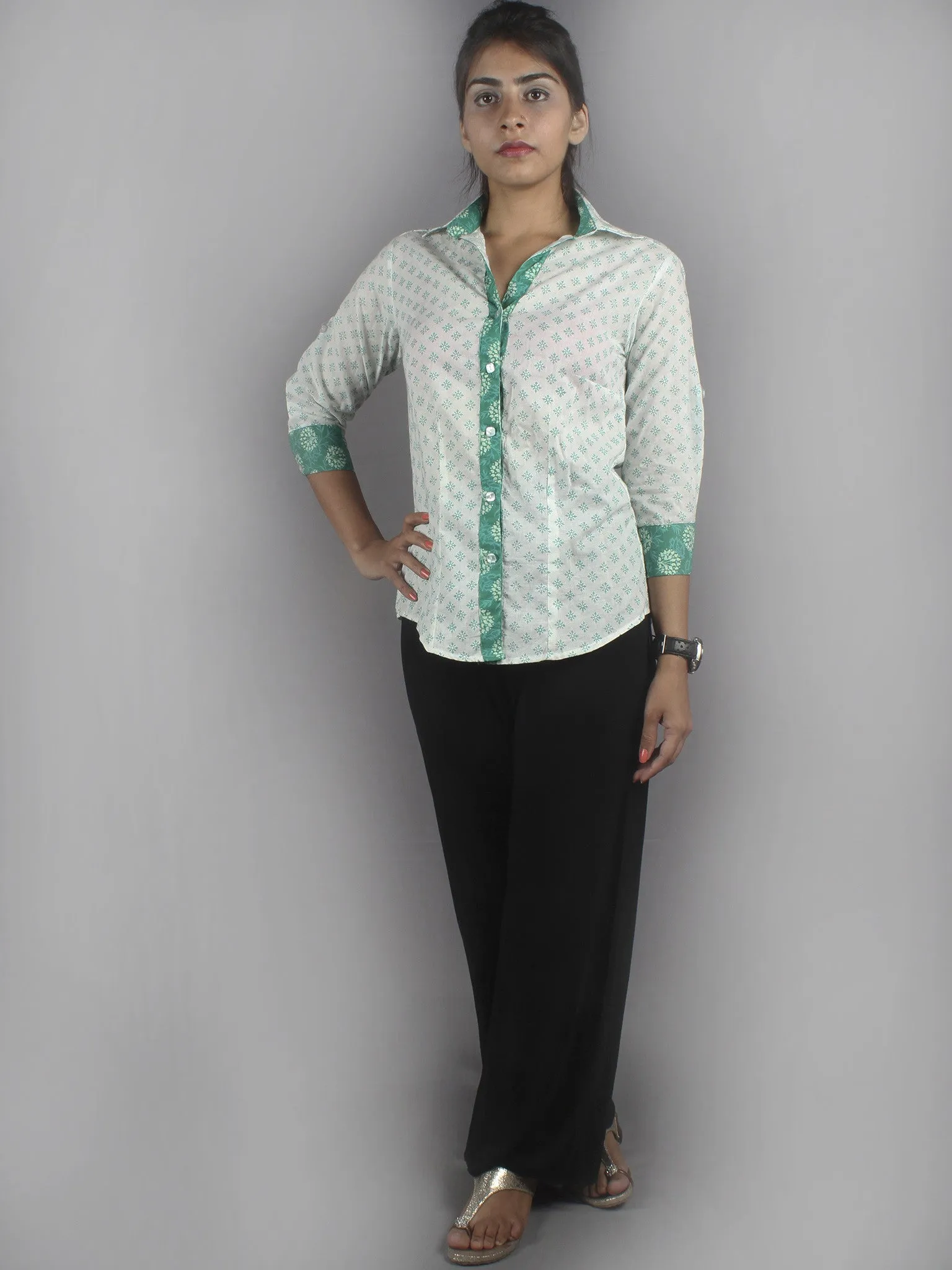 White Green Hand Block Printed Shirt- S3517018