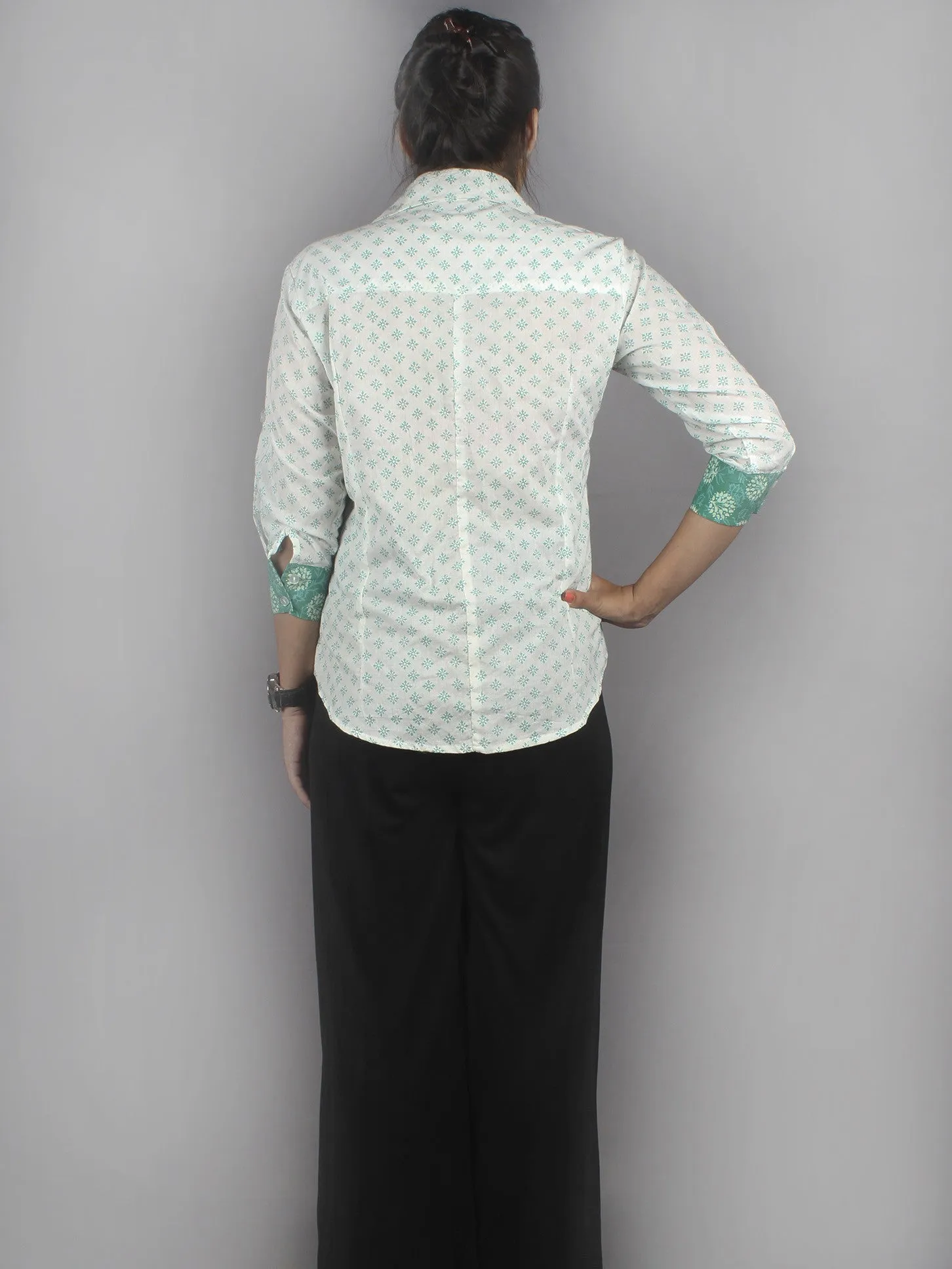 White Green Hand Block Printed Shirt- S3517018