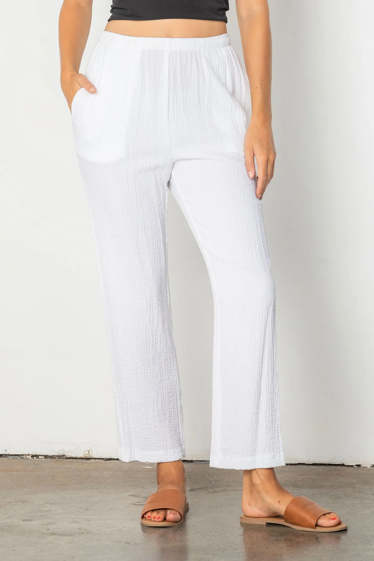 White Straight Leg Textured Pants