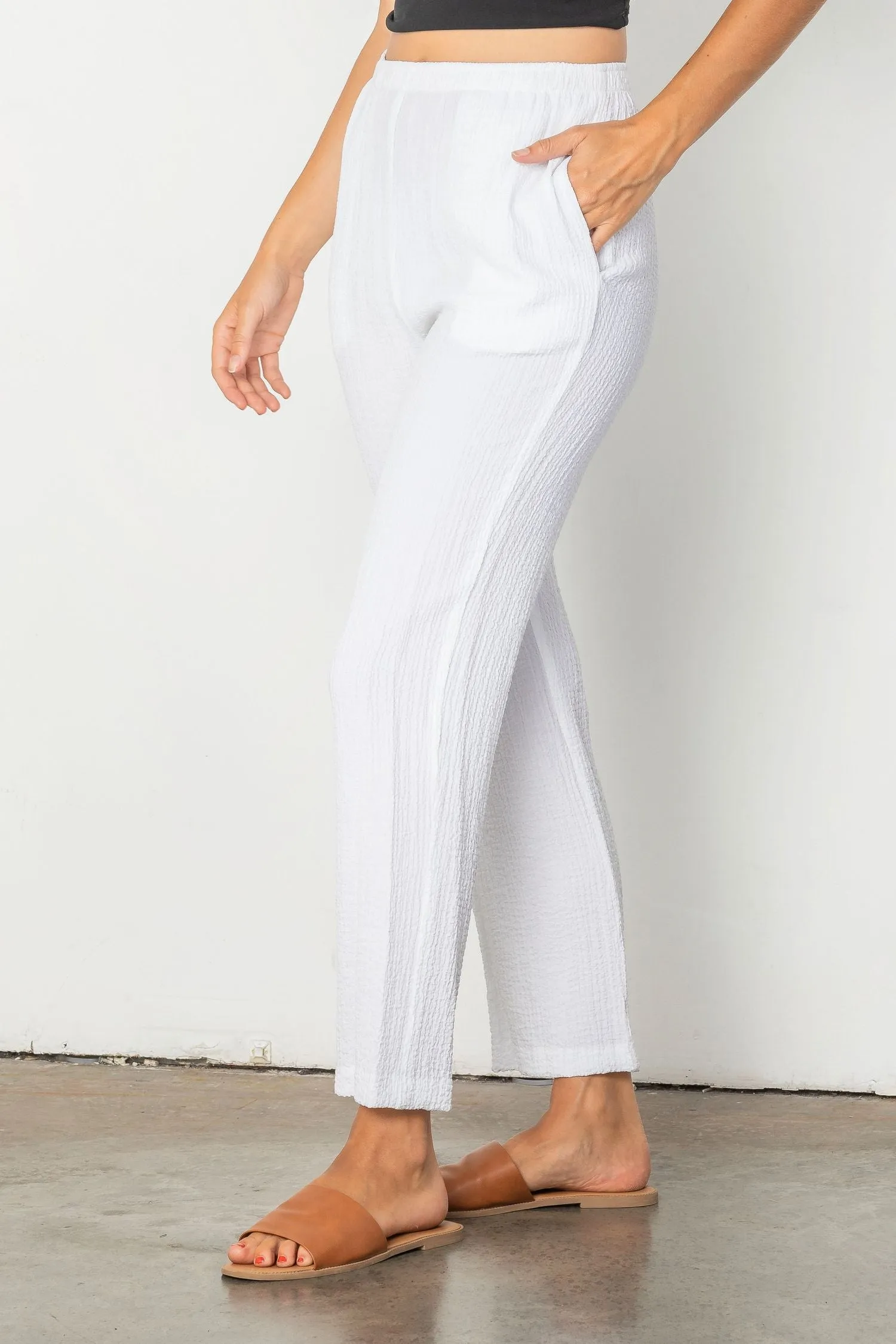 White Straight Leg Textured Pants