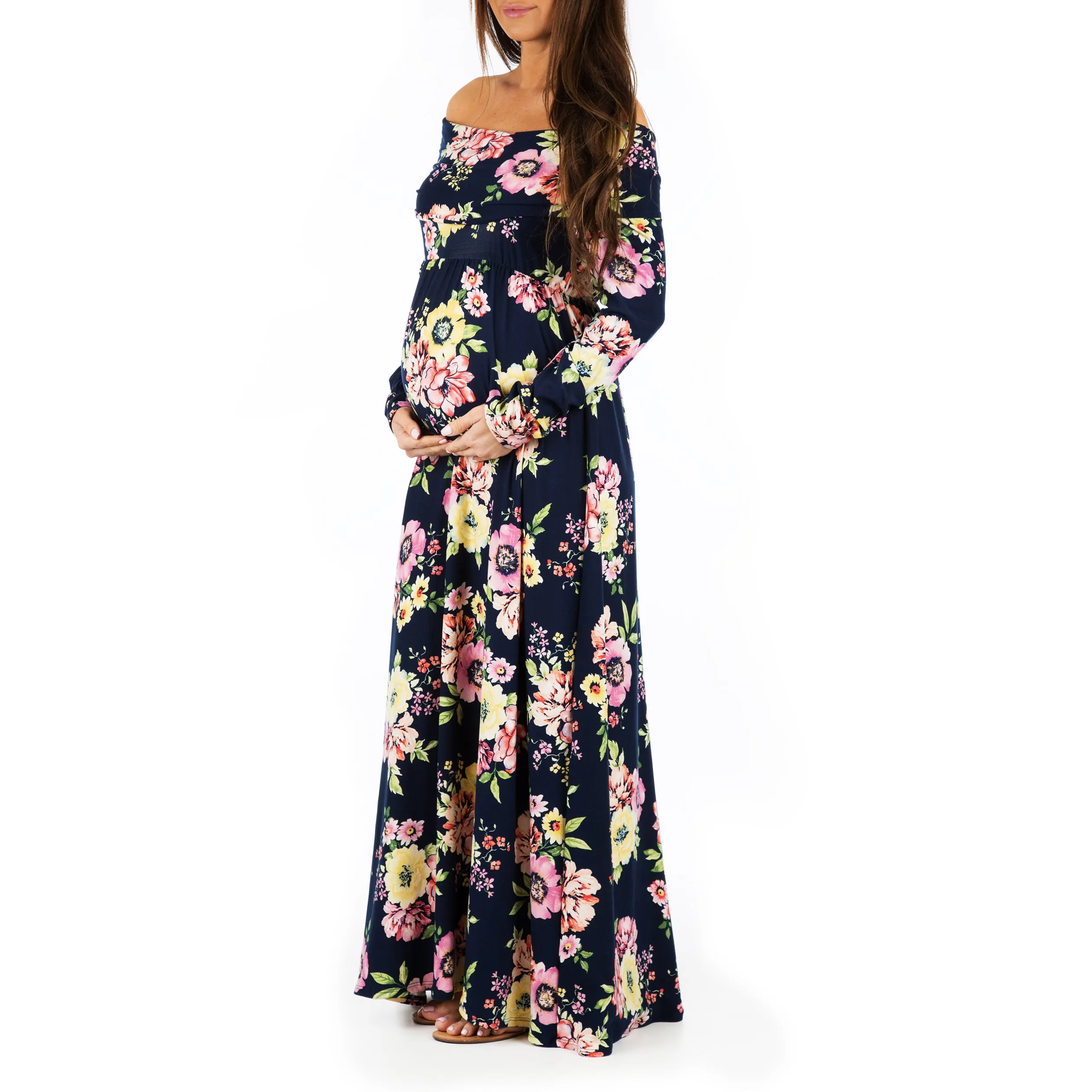 Women's Floral Over the Shoulder Ruched Maternity and Nursing Dress - Made in USA