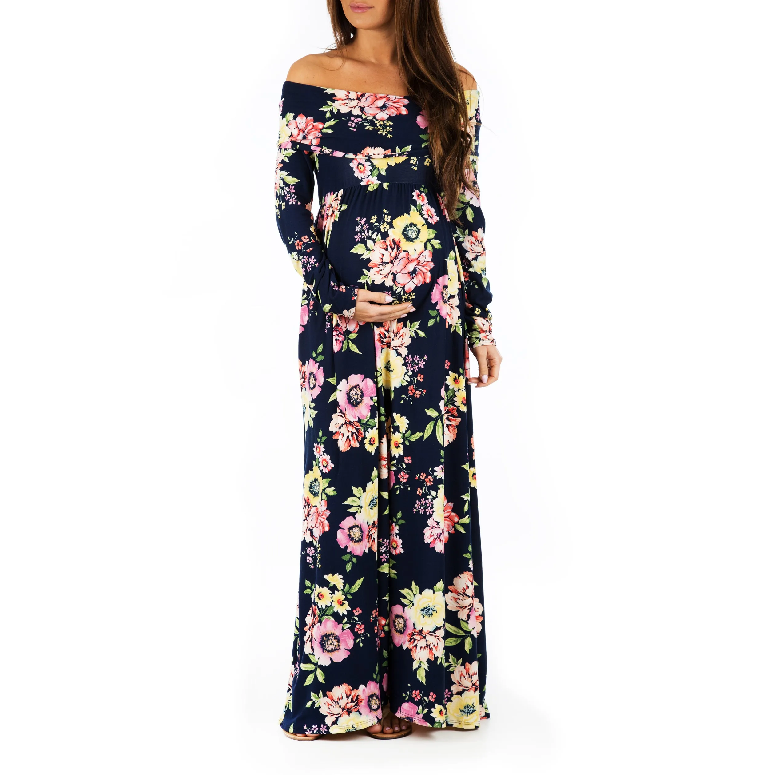 Women's Floral Over the Shoulder Ruched Maternity and Nursing Dress - Made in USA