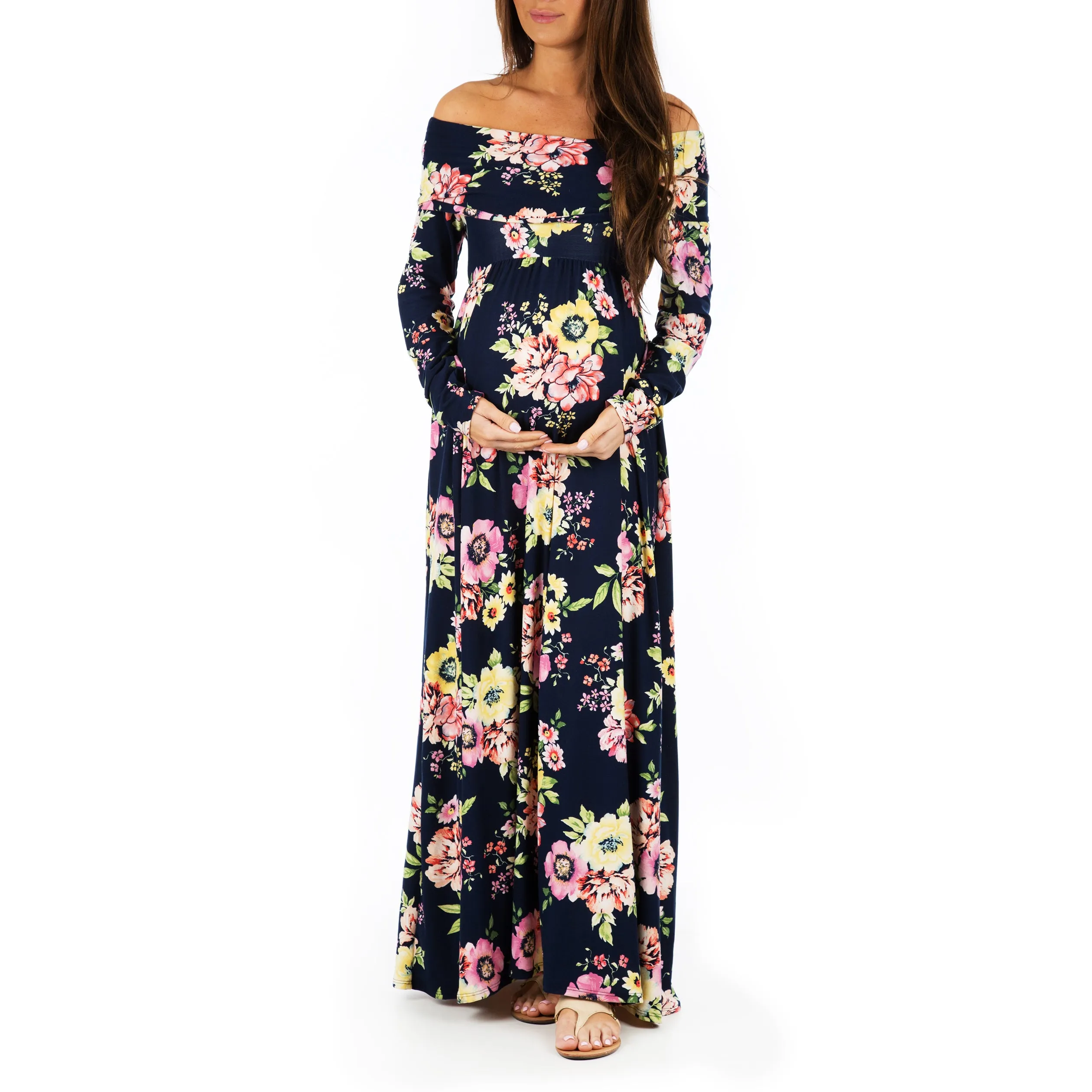 Women's Floral Over the Shoulder Ruched Maternity and Nursing Dress - Made in USA