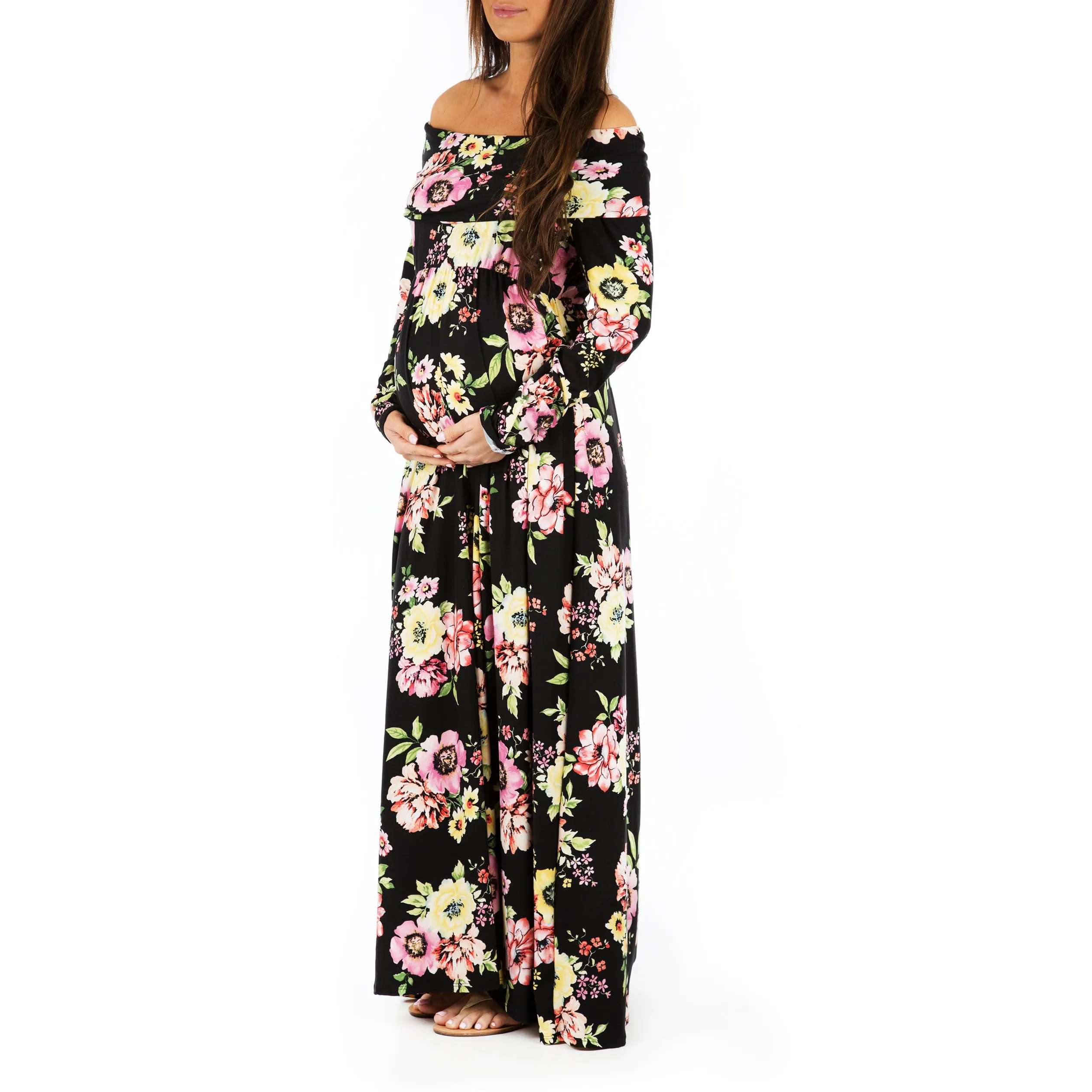 Women's Floral Over the Shoulder Ruched Maternity and Nursing Dress - Made in USA